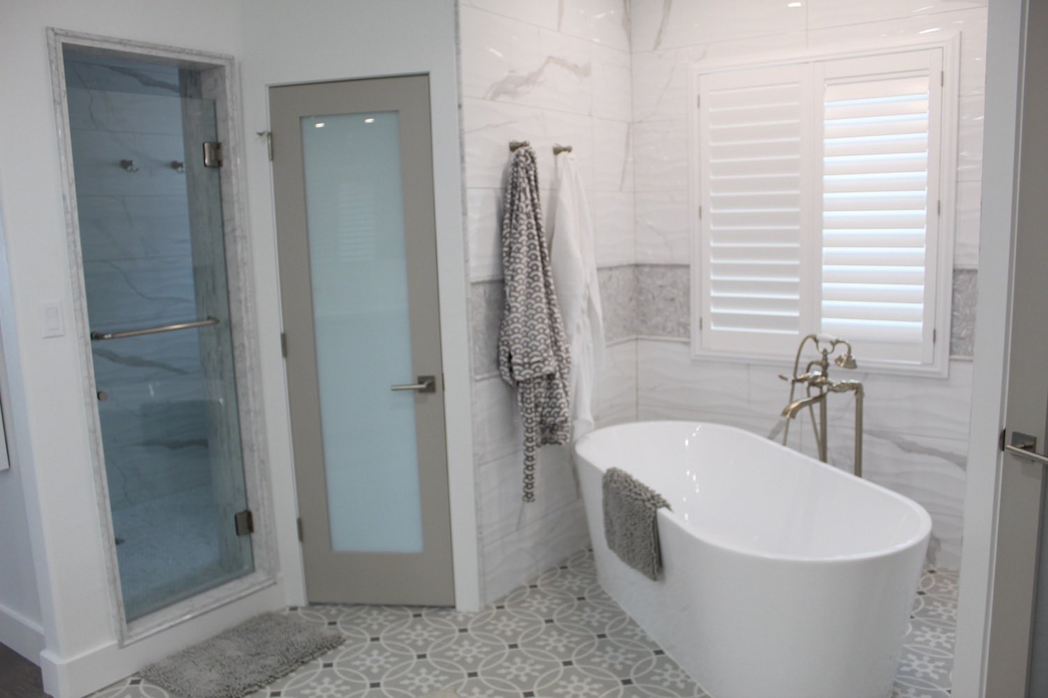 A bath with a soaking tub